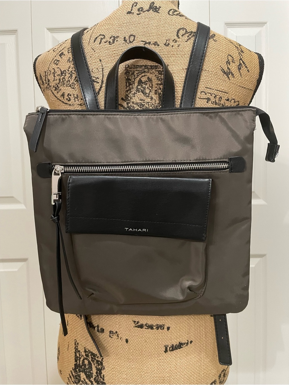 Tahari Taupe Nylon Backpack Tote with Black Leather Trim